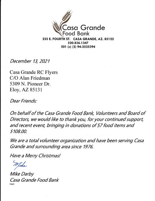 Casa Grande Food Bank Thank You Letter 12/21