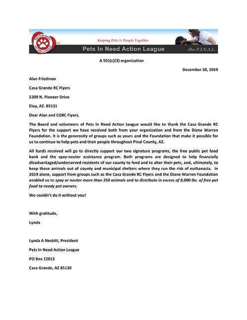 Pets In Need Action League Thank You Letter