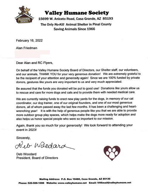 Thank You Letter From The Valley Humane Society, February 2022